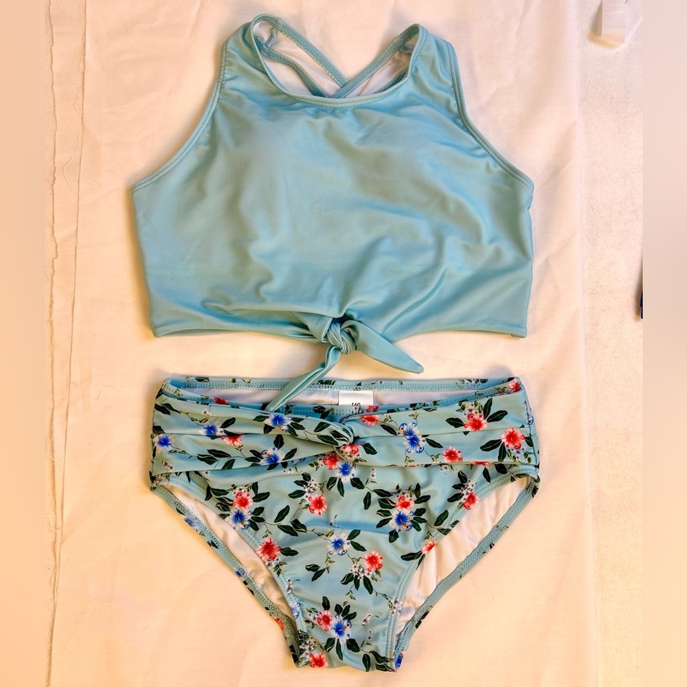 New Girls 2 Piece Swimsuit Set with Knotted Crop Tank style Top / Sz 12
